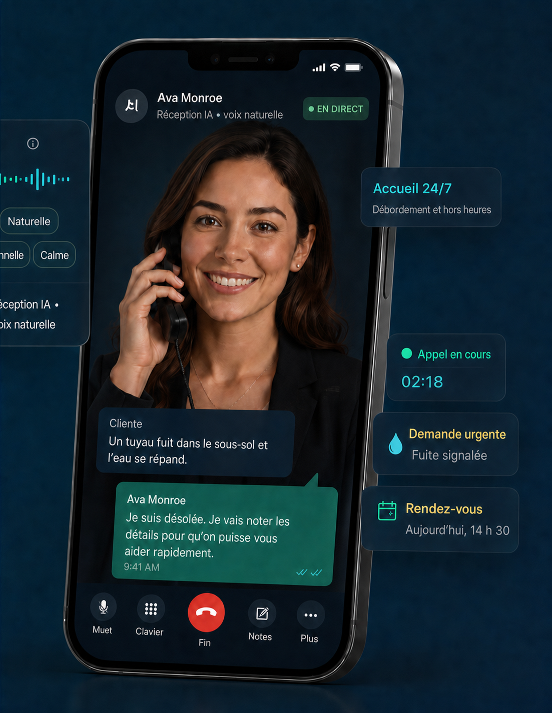 Illustration d’Ava, la réceptionniste virtuelle AnswerOak, dans une interface d’appel en français