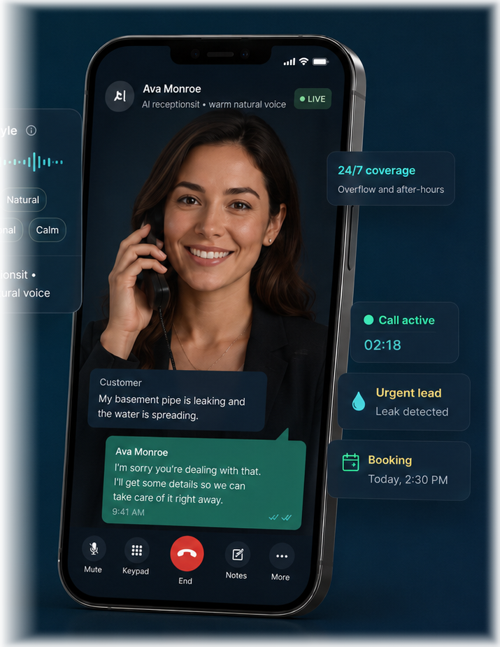 Illustrative product view of Ava, the AnswerOak virtual receptionist, in a phone call interface